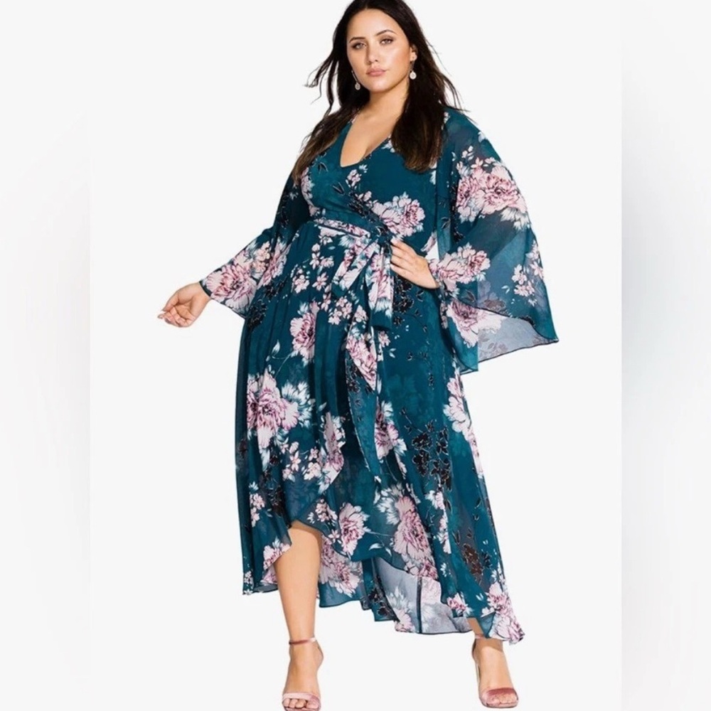 NWT City Chic Fleetwood Maxi Dress Jade Blossom XL 22 Teal‎ Wrap Tie